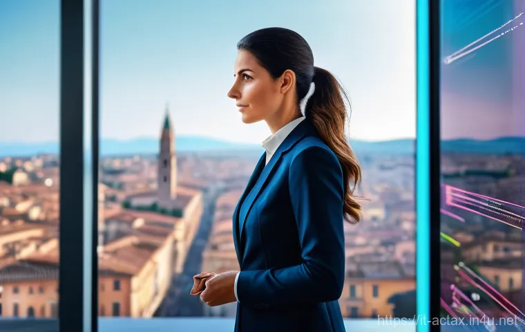 전산세무회계 관련 직무 소개 - A sophisticated Italian female accountant in her late 30s, dressed in a sharp, modern business suit,...