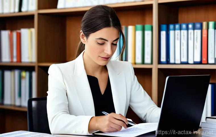 전산세무회계 중급과 고급의 차이 - **Intermediate Tax Professional at Work**
    A diligent Italian tax professional, mid-30s, female, ...