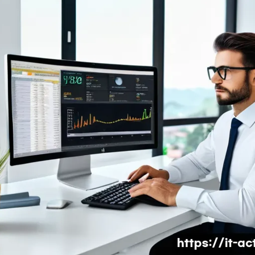 전산세무회계와 ERP 자격증 비교 - A modern office scene showing a professional Italian accountant using advanced accounting software o...