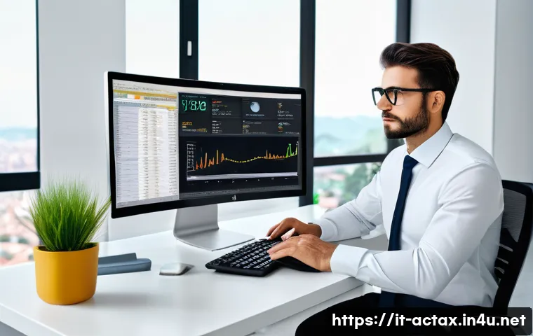 전산세무회계와 ERP 자격증 비교 - A modern office scene showing a professional Italian accountant using advanced accounting software o...