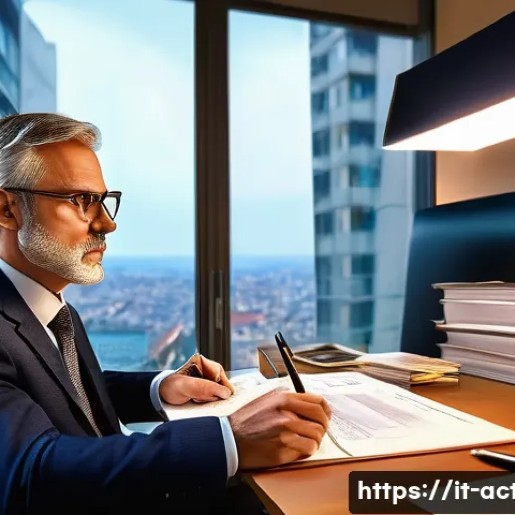 전산세무회계 전문 서적 추천 - A modern Italian professional study room with a middle-aged accountant working at a desk cluttered w...