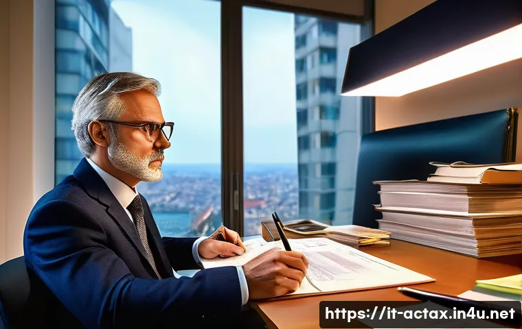 전산세무회계 전문 서적 추천 - A modern Italian professional study room with a middle-aged accountant working at a desk cluttered w...