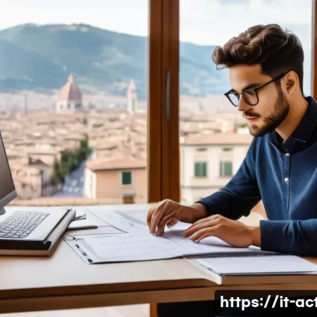 전산세무회계 이론 공부하는 법 - A modern Italian student studying computerized accounting at a sleek home office desk, surrounded by...