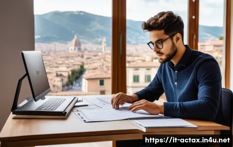 전산세무회계 이론 공부하는 법 - A modern Italian student studying computerized accounting at a sleek home office desk, surrounded by...