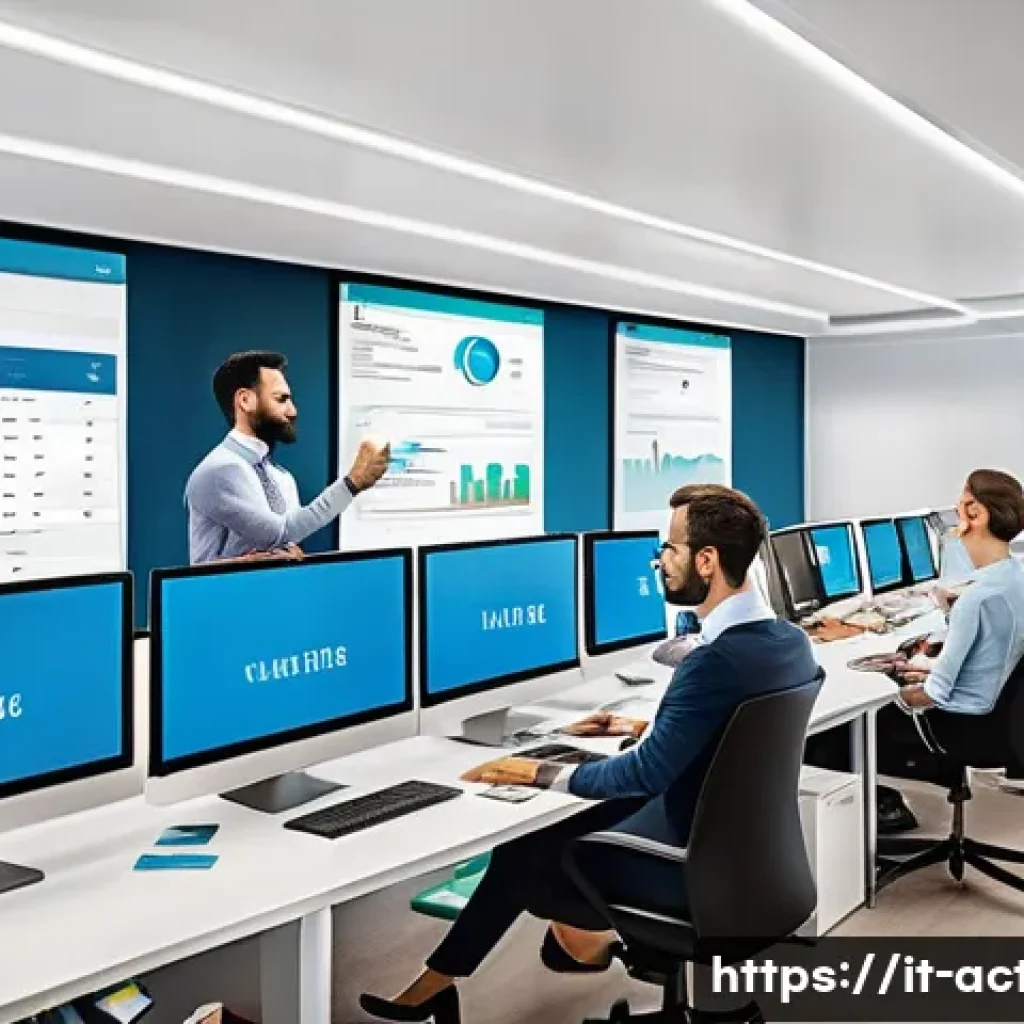 전산세무회계 연말 정산 업무 사례 - A modern Italian office environment showing a diverse team of professionals collaborating on digital...