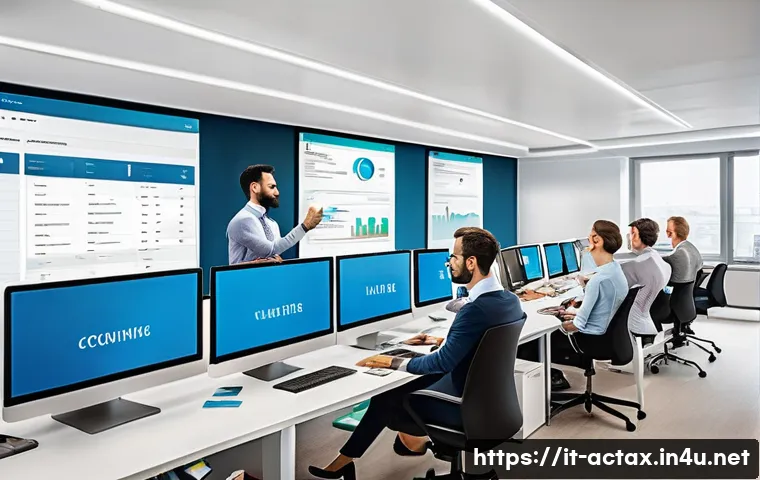 전산세무회계 연말 정산 업무 사례 - A modern Italian office environment showing a diverse team of professionals collaborating on digital...