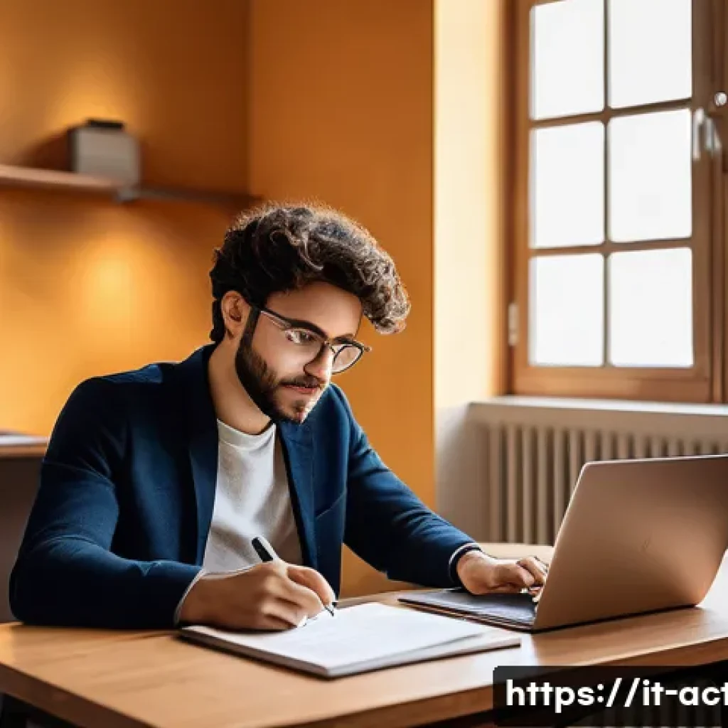 전산세무회계 시험 후기 블로그 운영법 - A modern Italian study room scene focused on digital accounting and taxation, featuring a young adul...