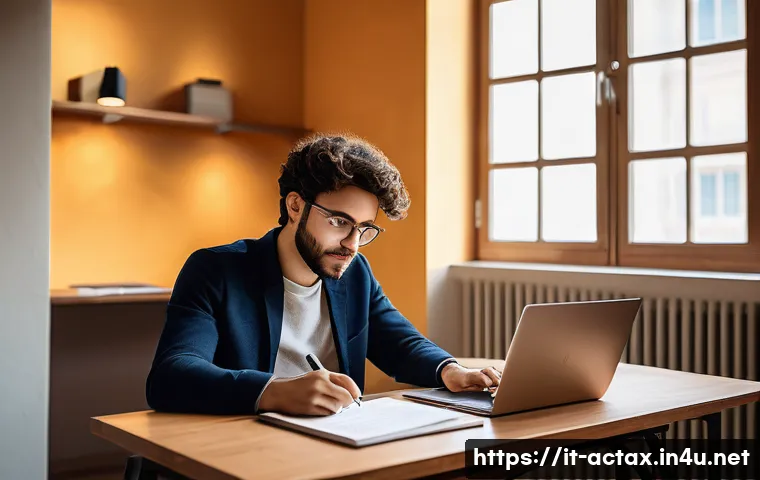 전산세무회계 시험 후기 블로그 운영법 - A modern Italian study room scene focused on digital accounting and taxation, featuring a young adul...