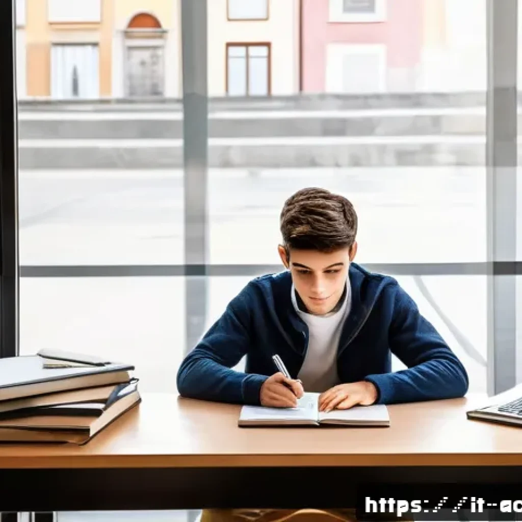 전산세무회계 합격률 높은 방법 - A modern study environment featuring a young adult Italian student sitting at a wooden desk with a l...