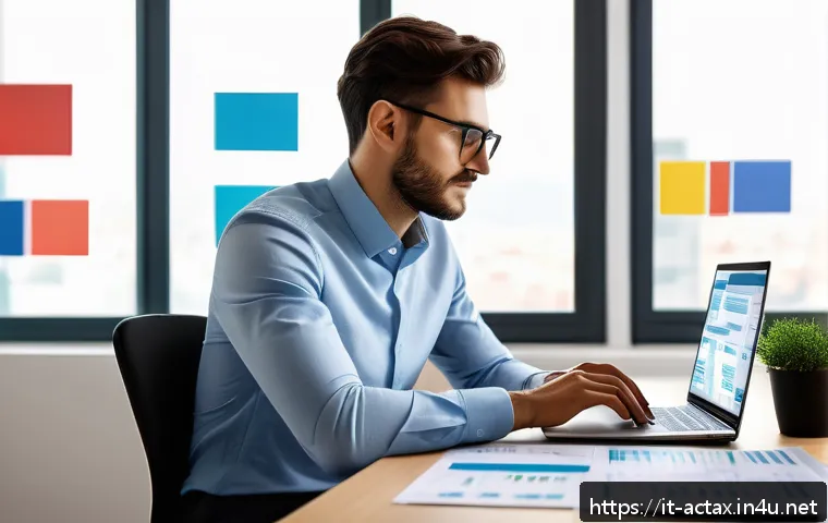 전산세무회계 이론과 실무 비교 - A modern Italian office environment showing a young professional accountant working on a sleek lapto...