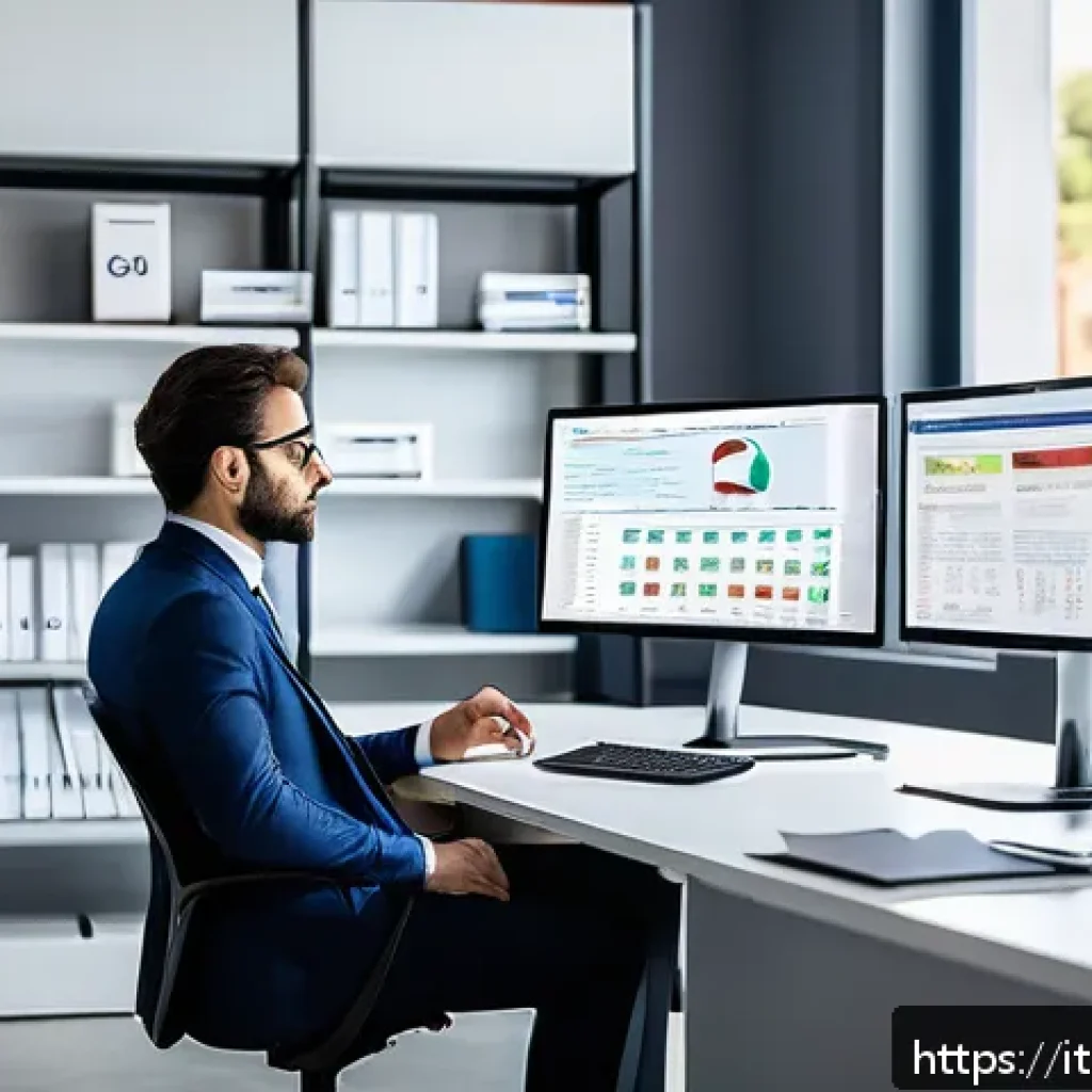 전산세무회계 이직 성공 사례 - A modern Italian accountant working in a bright, stylish office with multiple computer screens displ...