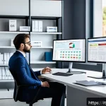 Home 22 전산세무회계 이직 성공 사례 - A modern Italian accountant working in a bright, stylish office with multiple computer screens displ...