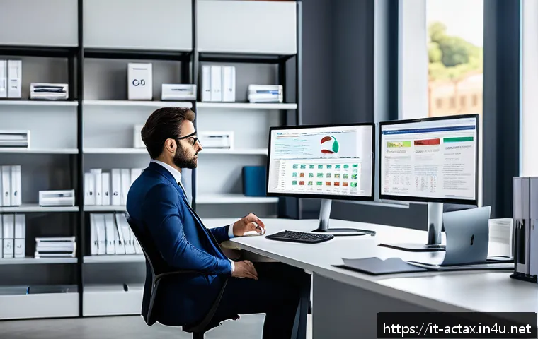 전산세무회계 이직 성공 사례 - A modern Italian accountant working in a bright, stylish office with multiple computer screens displ...