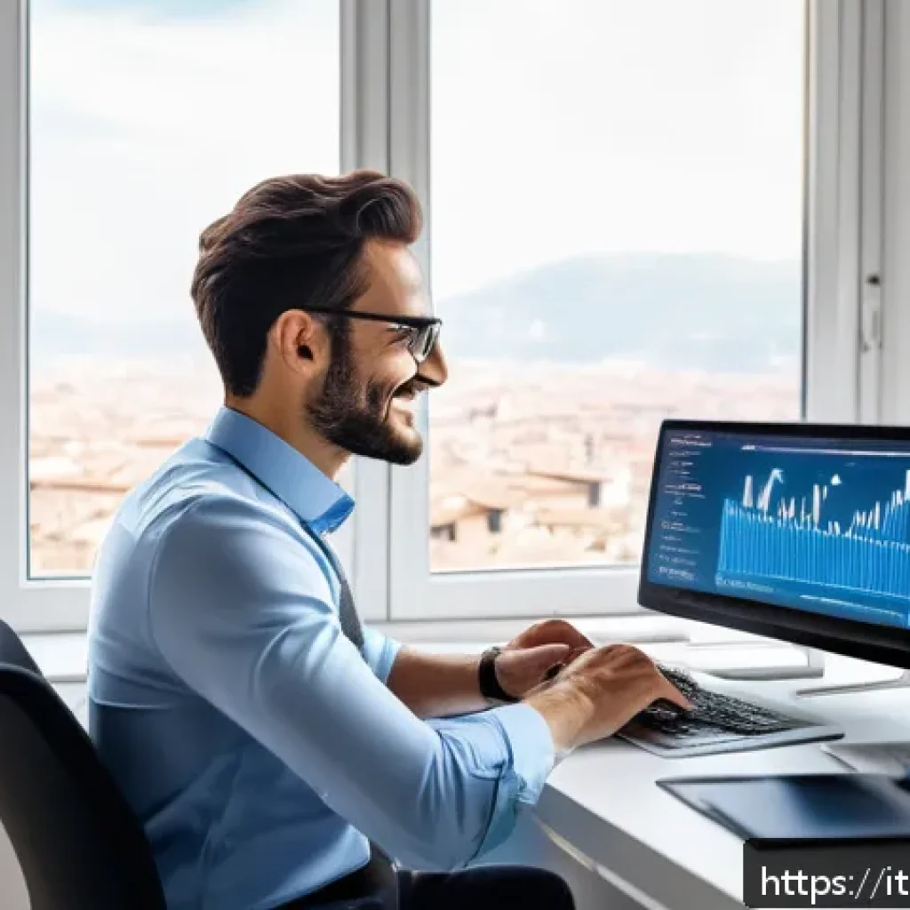 전산세무회계 자격증으로 프리랜서 되기 - A professional freelance accountant working in a modern Italian home office, surrounded by dual moni...