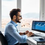 Home 21 전산세무회계 자격증으로 프리랜서 되기 - A professional freelance accountant working in a modern Italian home office, surrounded by dual moni...