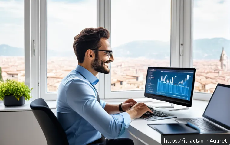 전산세무회계 자격증으로 프리랜서 되기 - A professional freelance accountant working in a modern Italian home office, surrounded by dual moni...