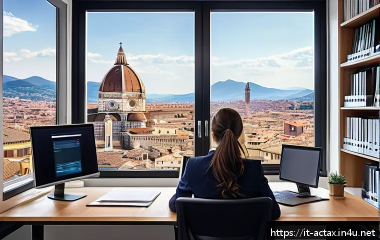 전산세무회계와 세무사 자격증의 차이 - A modern Italian office environment featuring a young professional woman wearing smart business casu...