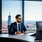 Home 19 전산세무회계 연봉 협상 팁 - A modern Italian office setting with a professional accountant sitting confidently at a sleek desk, ...