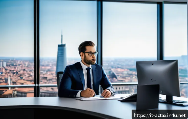 전산세무회계 연봉 협상 팁 - A modern Italian office setting with a professional accountant sitting confidently at a sleek desk, ...