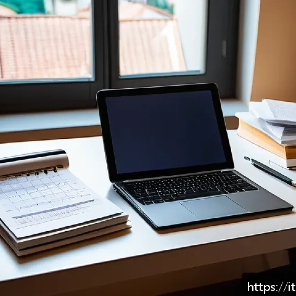 전산세무회계 실무 시험 준비 체크리스트 - A modern study desk setup in an Italian home office with a laptop displaying accounting software lik...