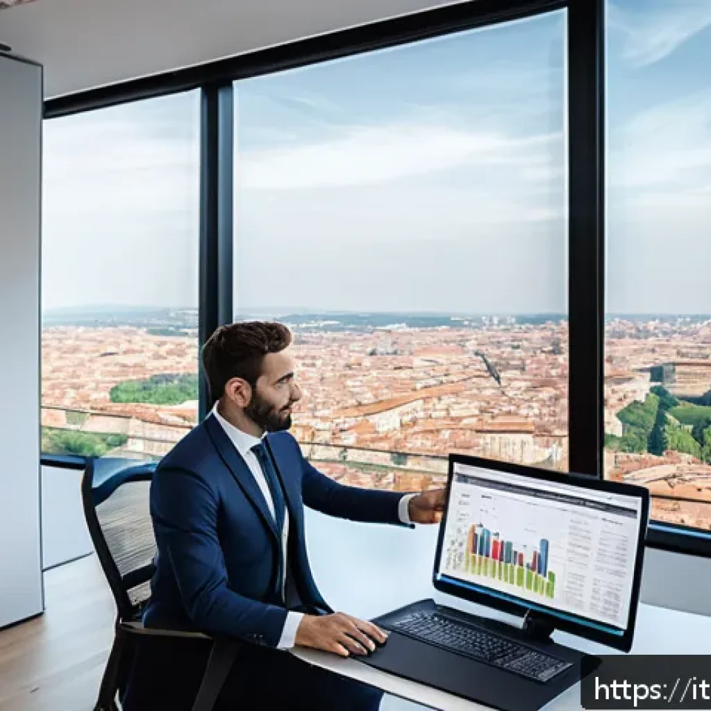 전산세무회계 시험 후 진로 탐색 - A modern digital tax consultant working in a sleek, bright Italian office with large windows showing...