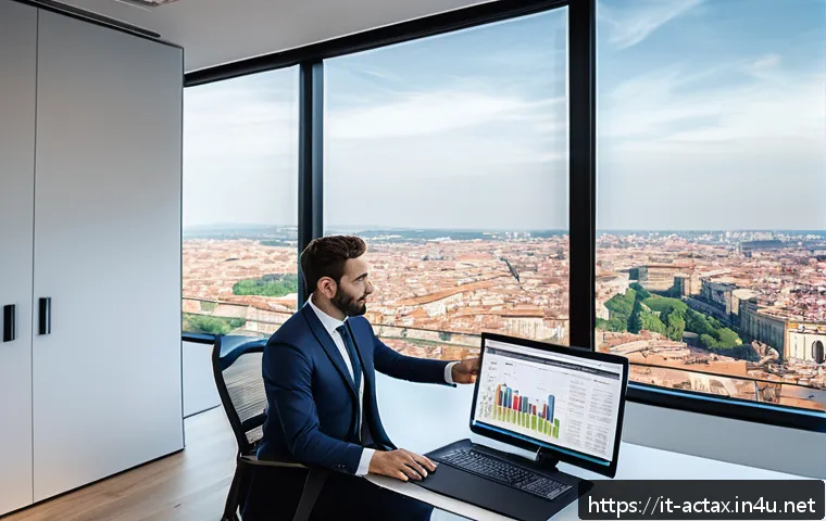 전산세무회계 시험 후 진로 탐색 - A modern digital tax consultant working in a sleek, bright Italian office with large windows showing...
