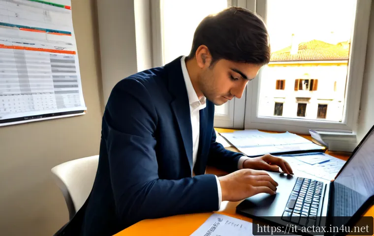 전산세무회계 실무 경험 쌓는 법 - Photorealistic young Italian accounting trainee practicing bookkeeping at a tidy small-business offi...